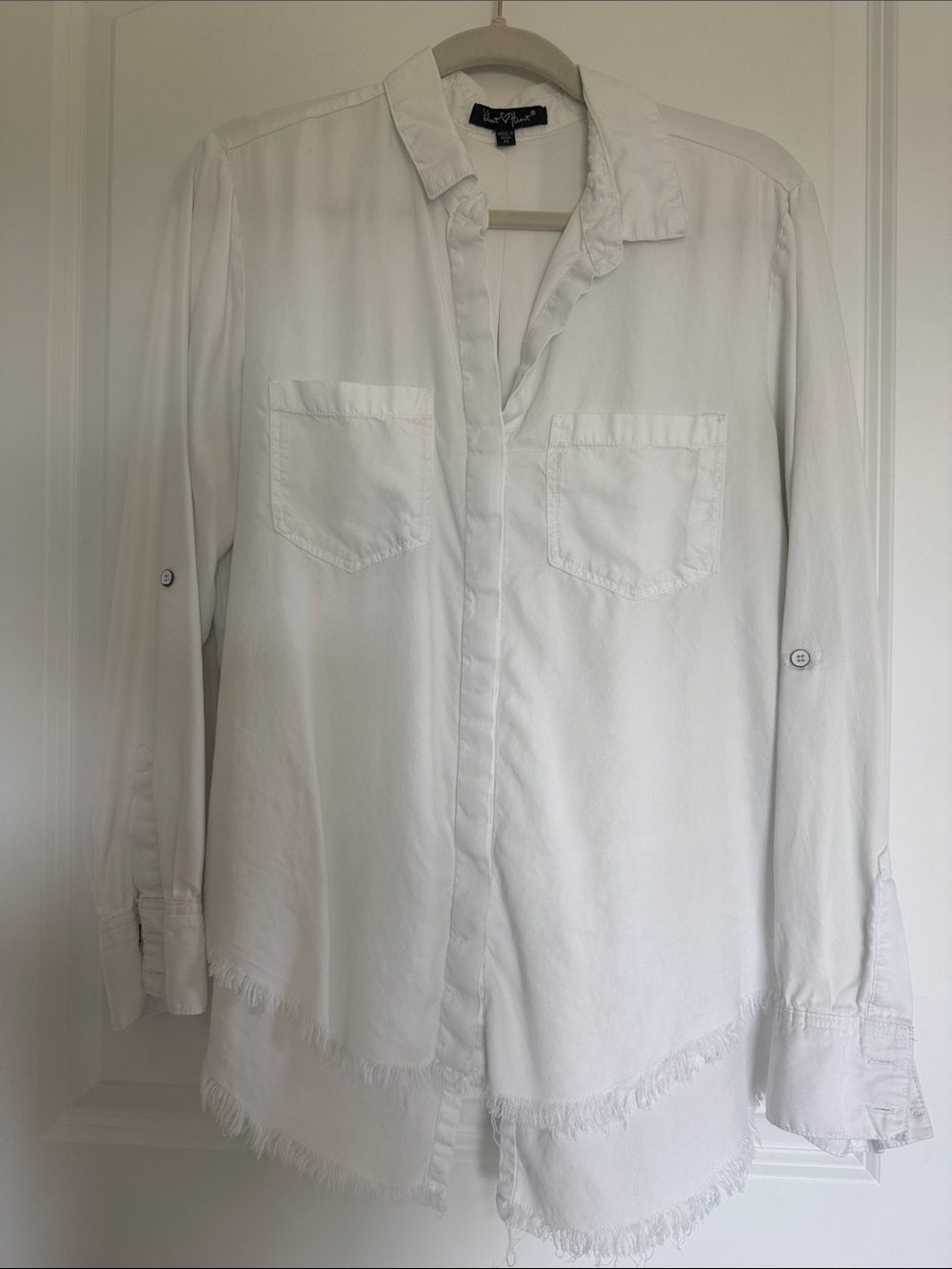 Velvet Heart White Button-Down Shirt with Frayed Hem